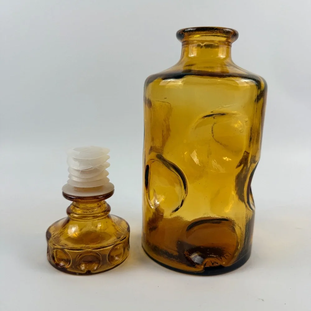 Vintage Empoli Amber Embossed Circle Glass Decanter Original Stopper Italy